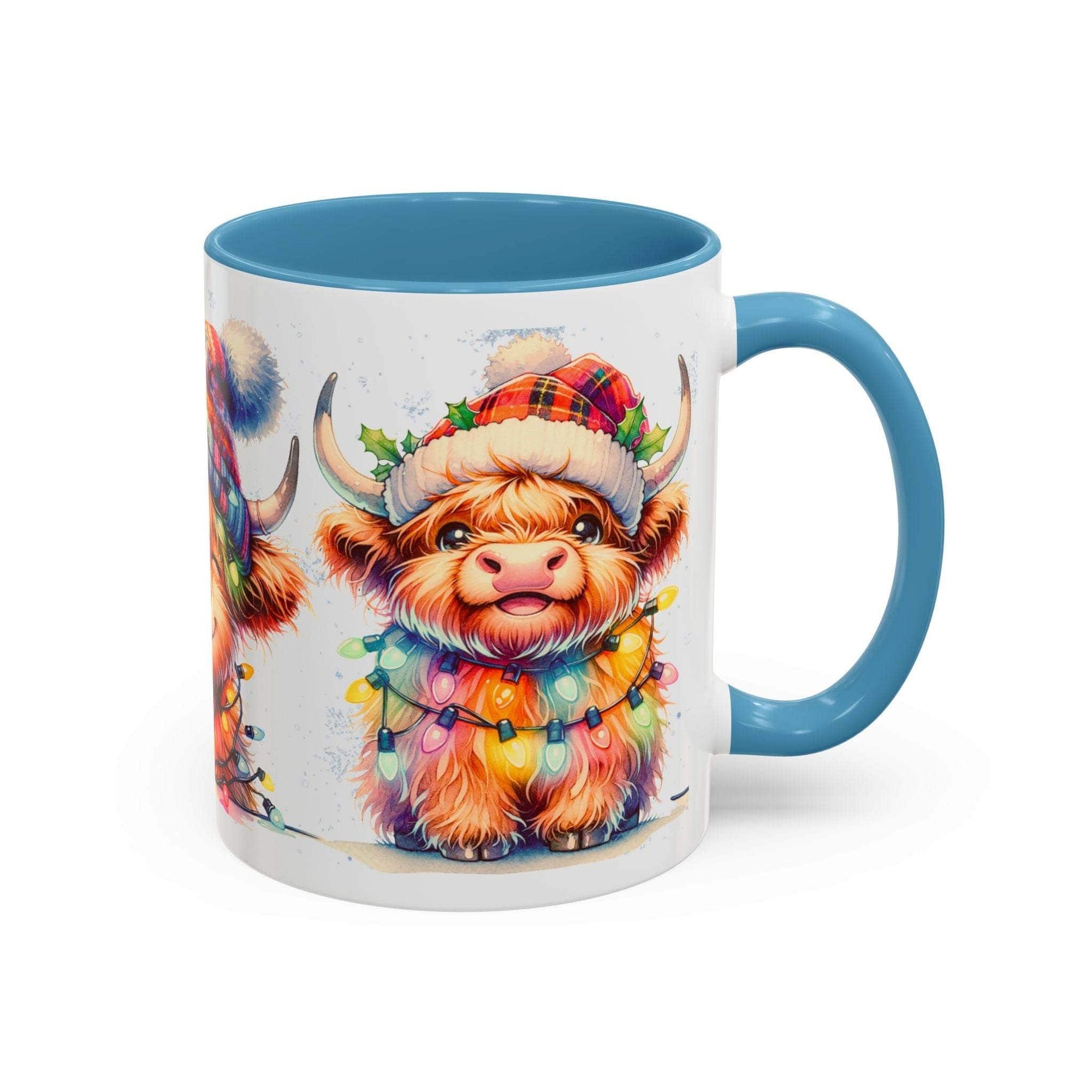 Scottish Highland Cow Christmas coffee mug with festive hat and holiday lights, blue handle and interior