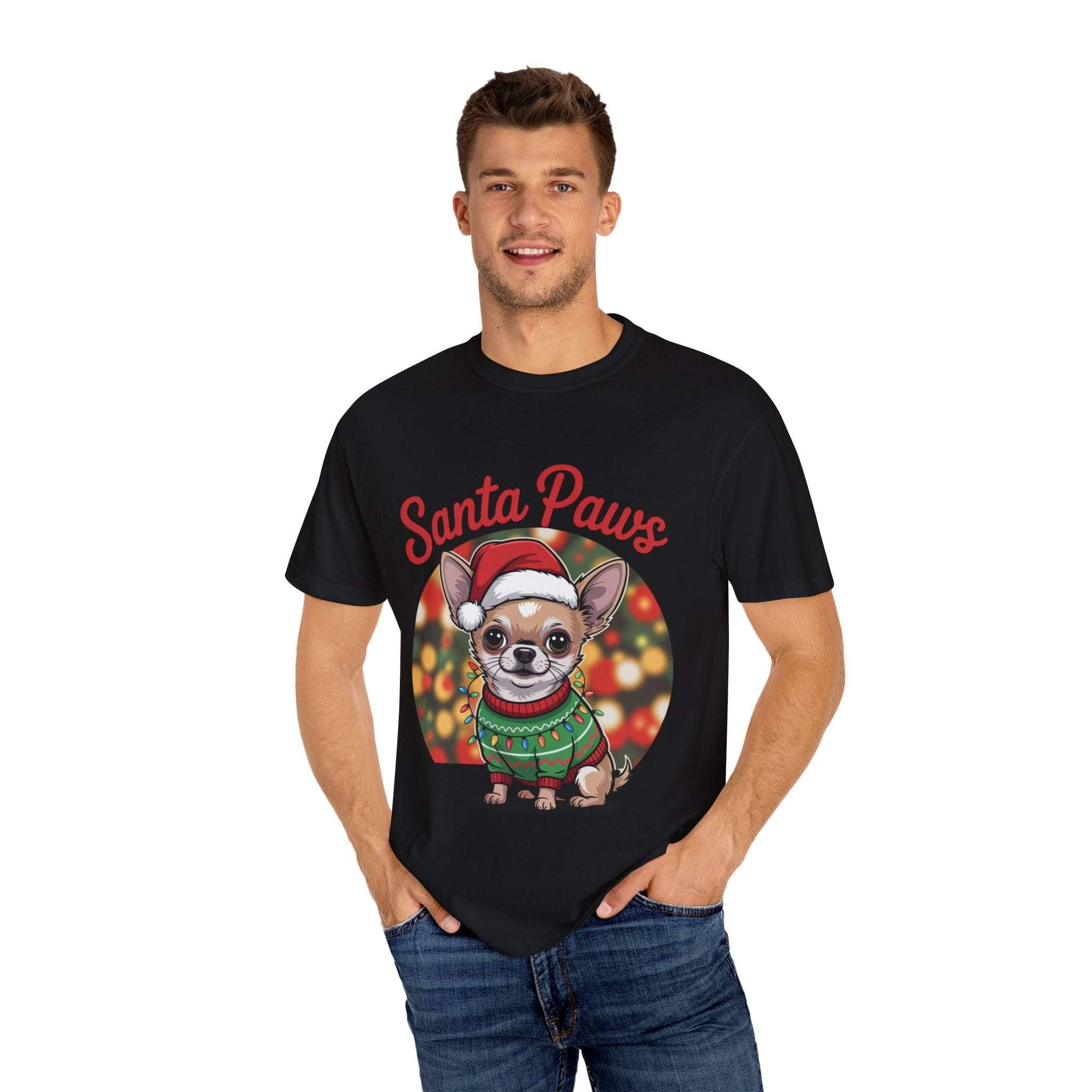 Bay Chihuahua Santa Paws T-Shirt from Printify, festive holiday pet apparel for dog lovers