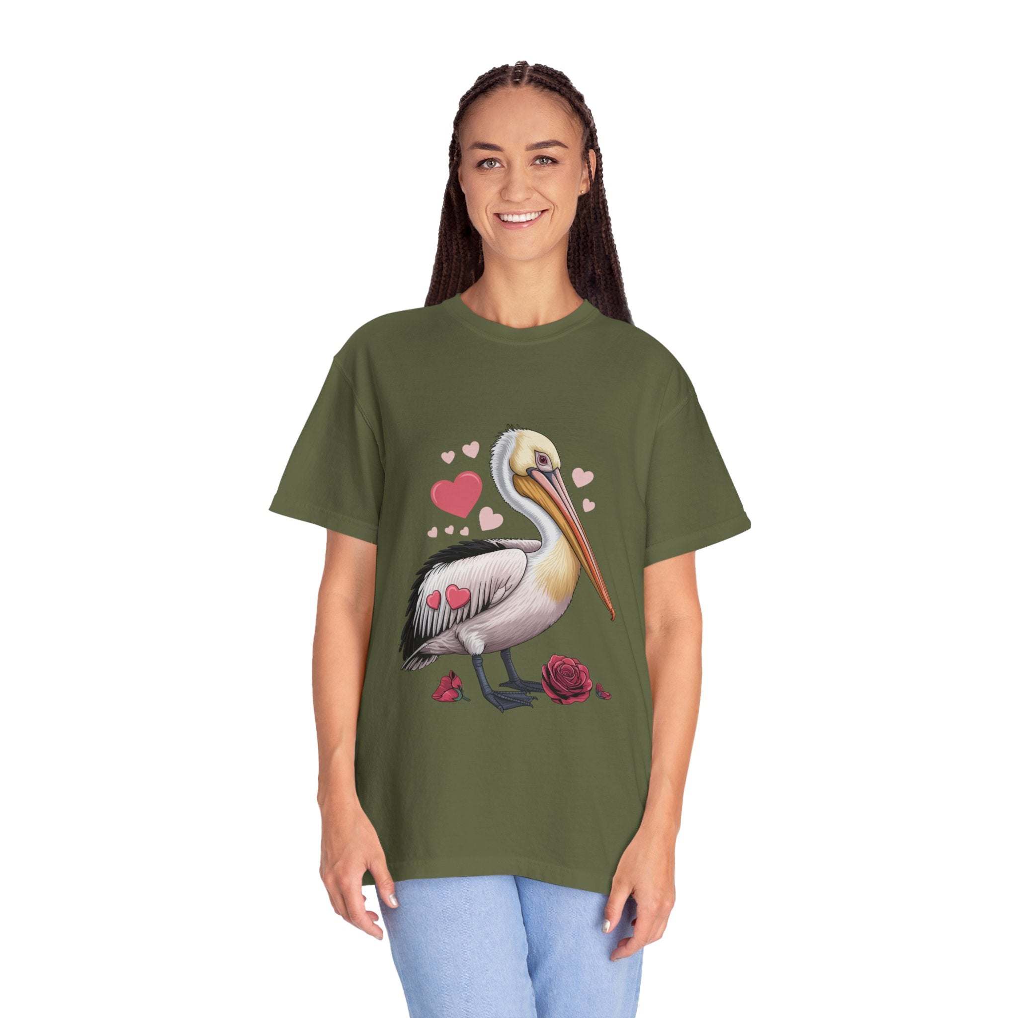Valentine Pelican Hearts T-Shirt with vintage coastal design and relaxed fit