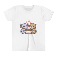 Cute Kawaii Animal Kids Shirt with axolotl and otter sharing ramen bowl on lightweight cotton tee