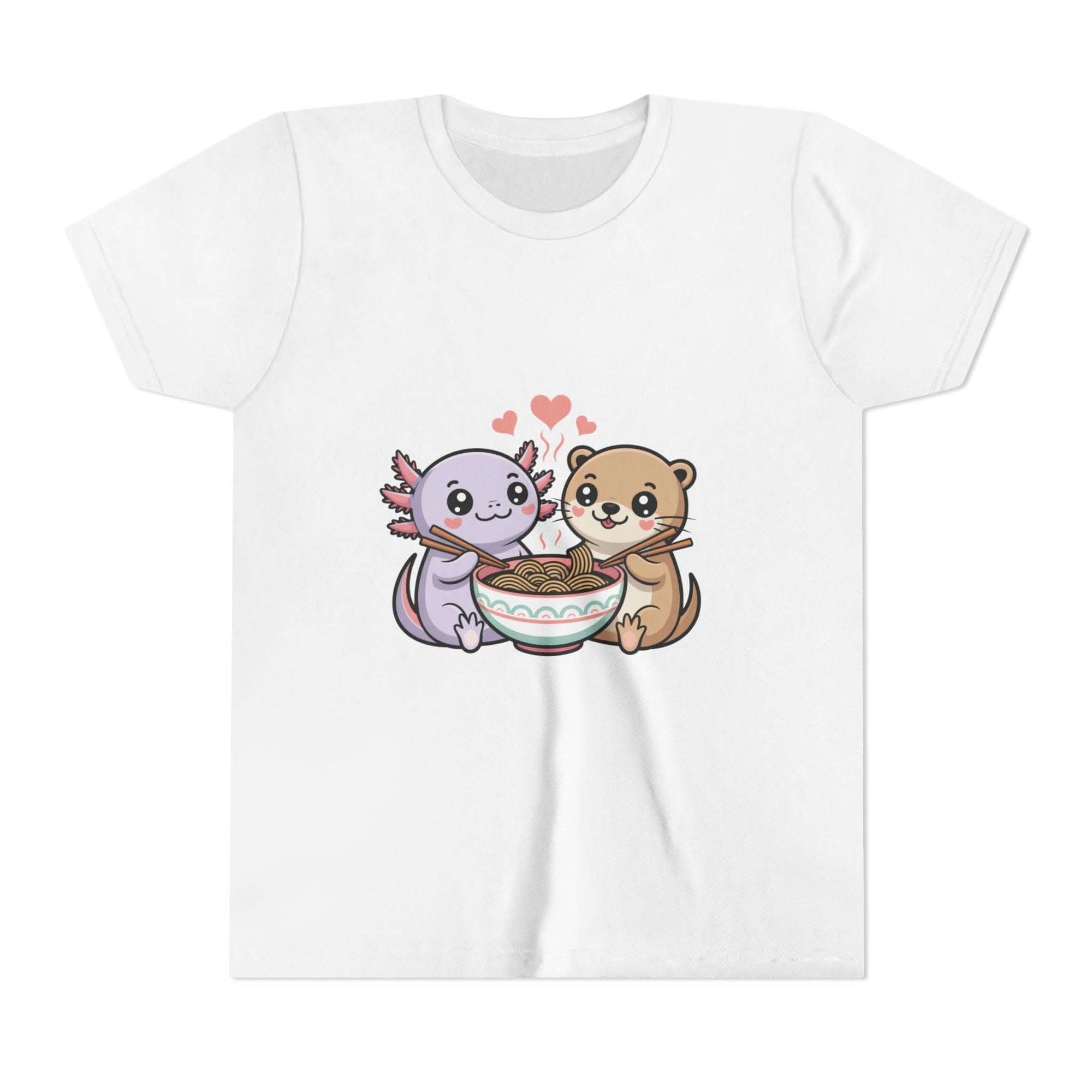 Cute Kawaii Animal Kids Shirt with axolotl and otter sharing ramen bowl on lightweight cotton tee