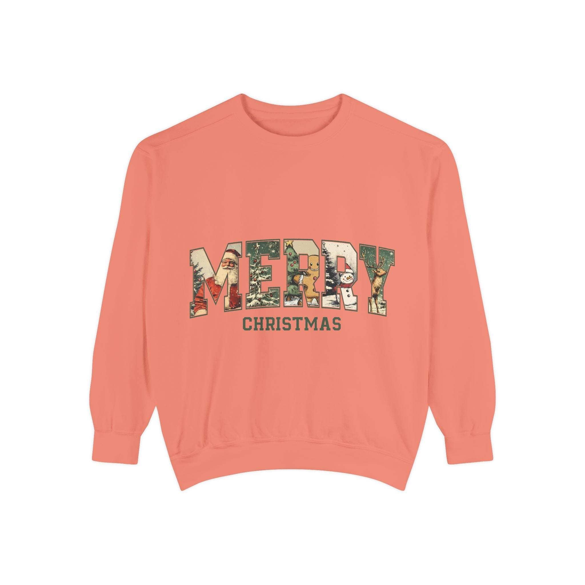 White vintage varsity Merry Christmas sweatshirt by Printify in sizes S, M, and L.