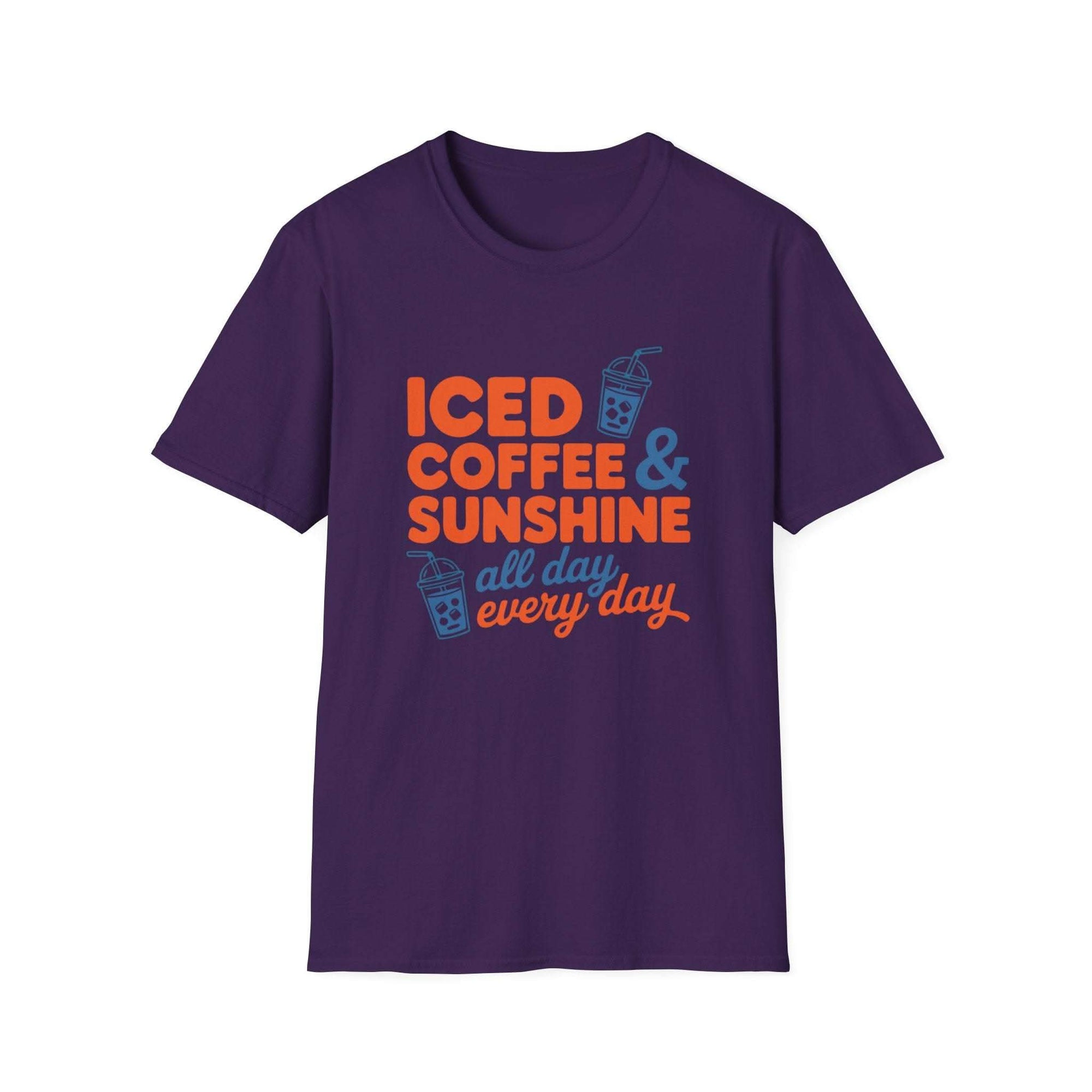 Bright casual summer t-shirt with Iced Coffee & Sunshine graphic and iced cup illustrations