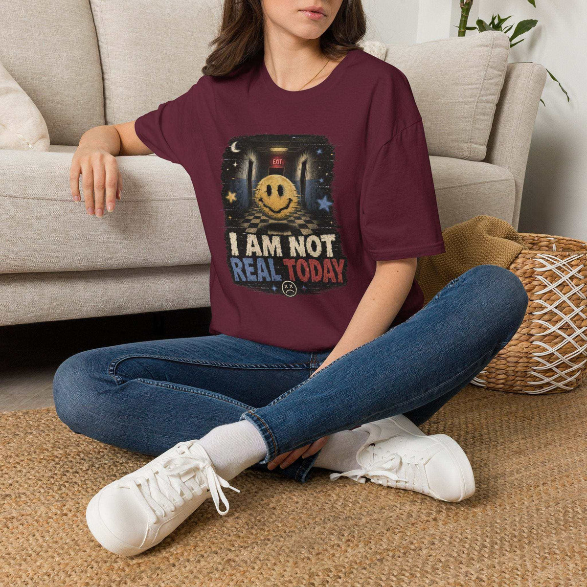 Surreal Liminal Hallway T-Shirt | Weirdcore "I Am Not Real Today" Graphic Tee | Grunge Dissociation Apparel