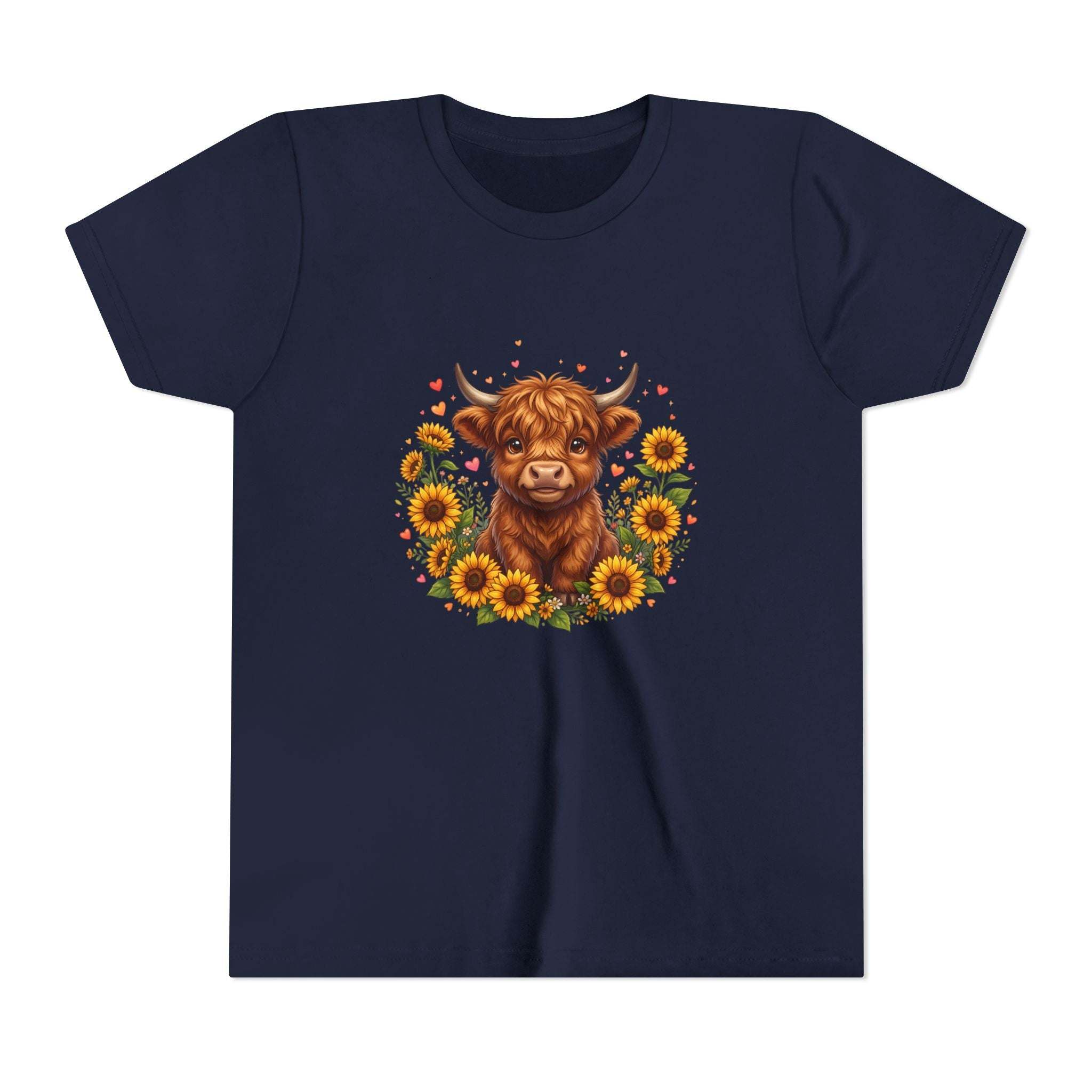 Highland Cow with Sunflowers Youth Tee | Cute Calf Floral Kids Shirt