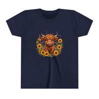 Youth tee featuring Highland Cow with Sunflowers design on soft cotton fabric