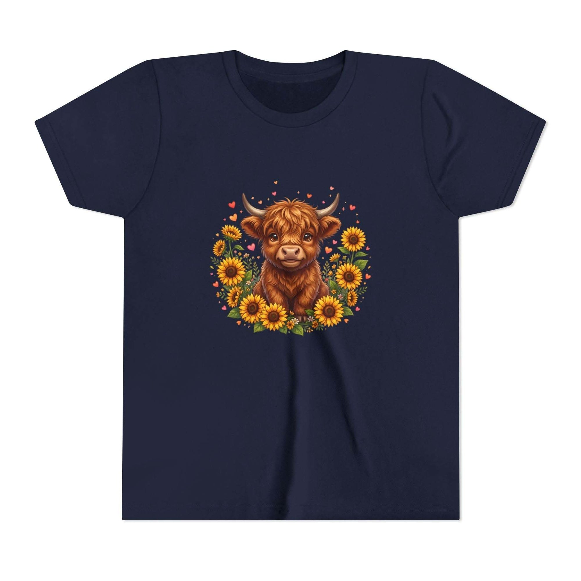 Youth tee featuring Highland Cow with Sunflowers design on soft cotton fabric
