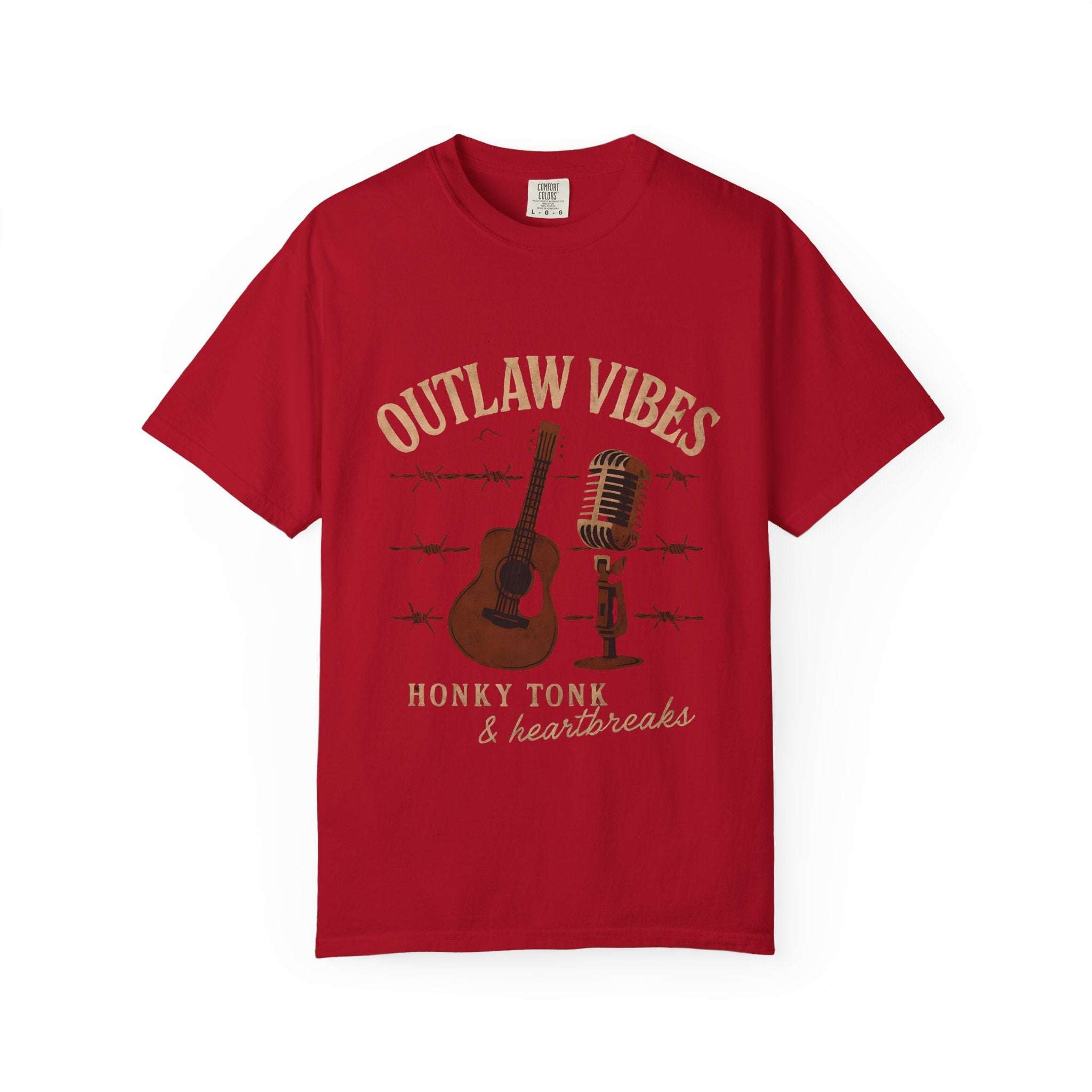 Red t-shirt with 'Outlaw Vibes' graphic design featuring a guitar and microphone on a white background.