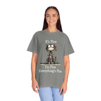 Person wearing a gray t-shirt with a cat graphic and text on a white background