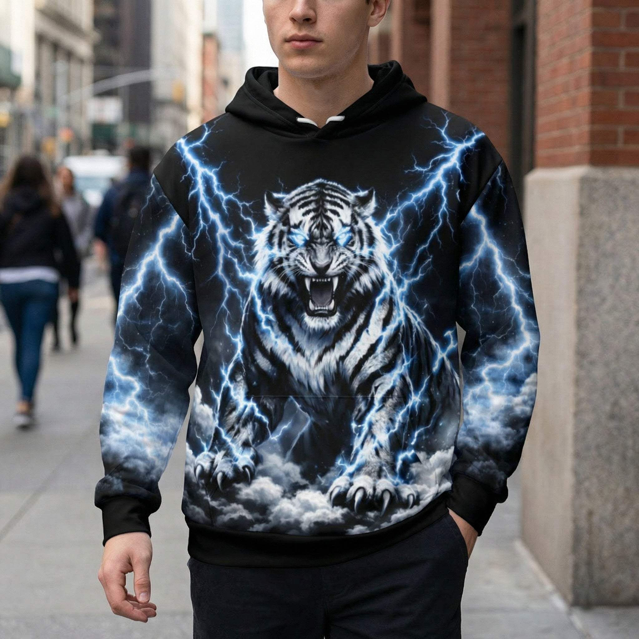 Front view of Thunder Tiger hoodie with all-over thunder tiger print and adjustable hood