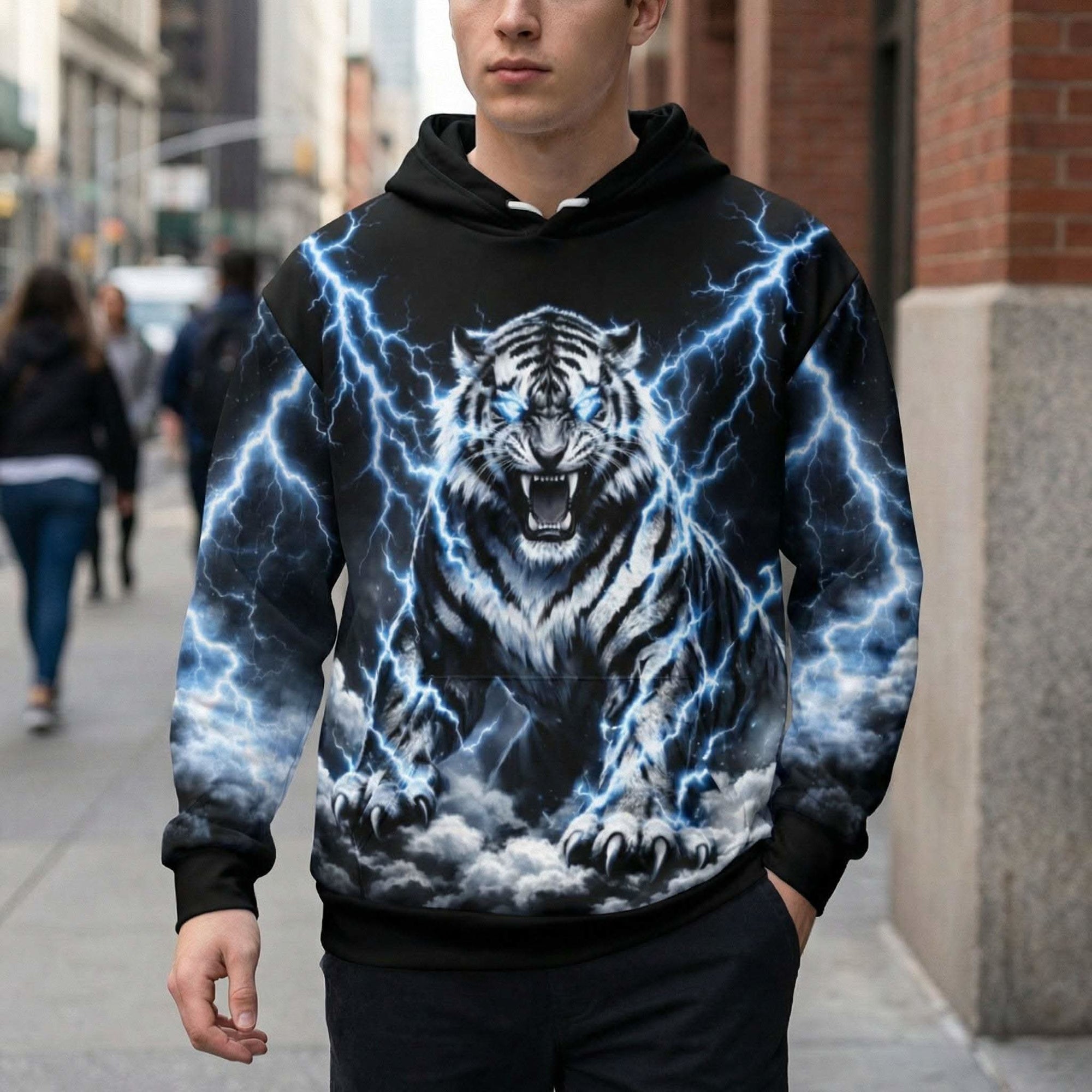 Front view of Thunder Tiger hoodie with all-over thunder tiger print and adjustable hood