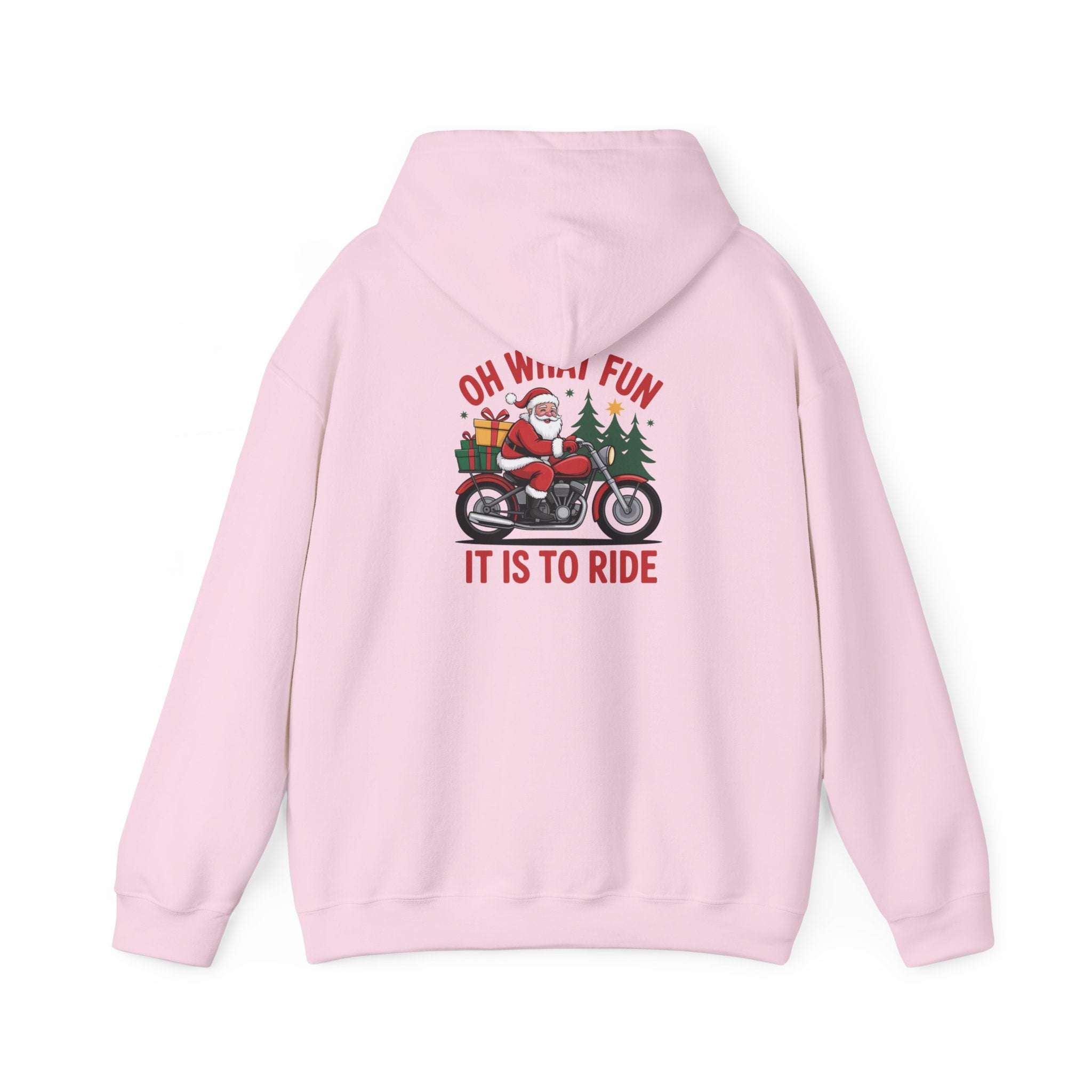 Santa motorcycle hoodie in black, featuring festive graphics, perfect for holiday celebrations and motorcycle enthusiasts.