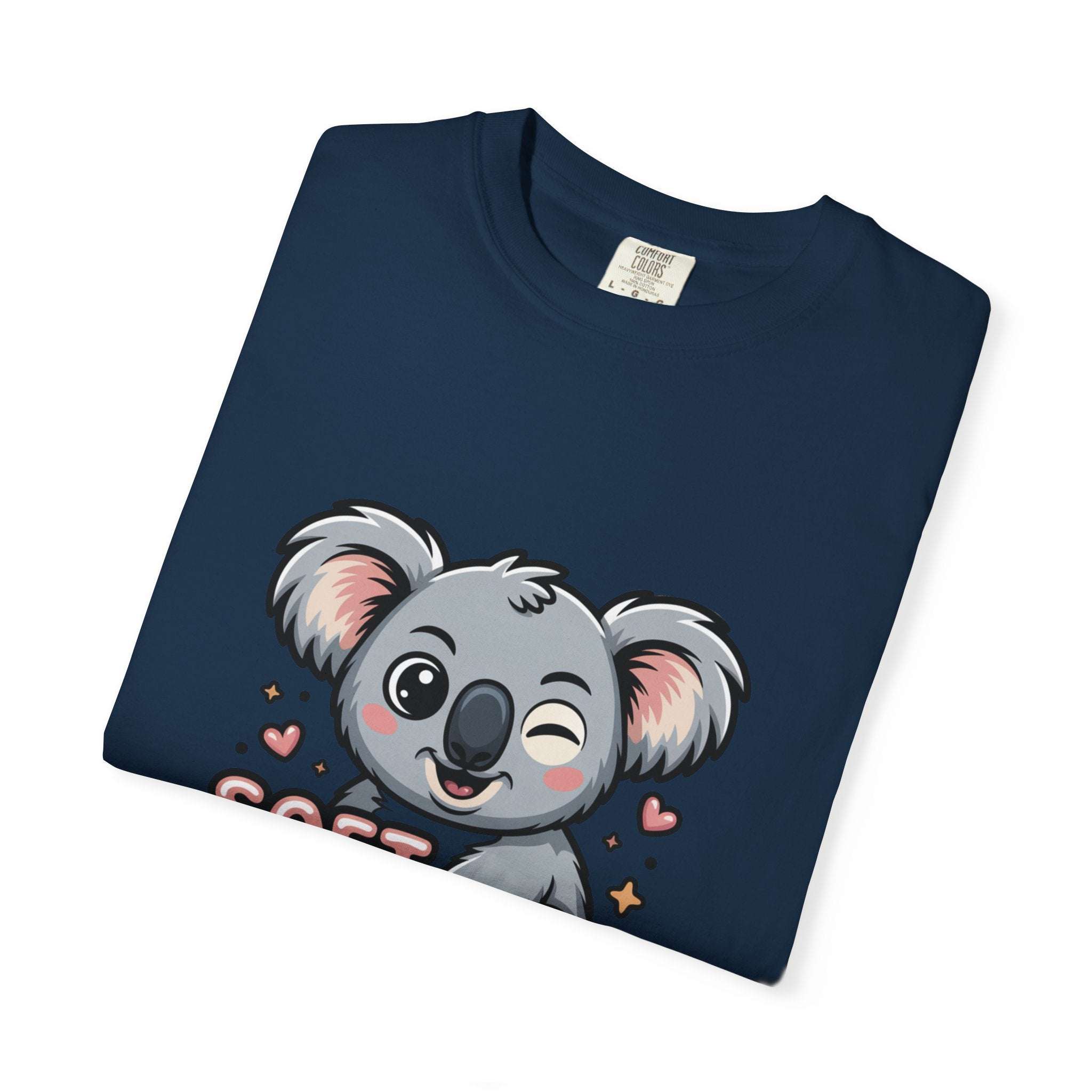 Navy t-shirt with playful koala graphic and "Soft on the Outside, Savage on the Inside" text, cozy vintage wash design