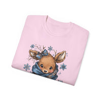 White t-shirt with retro patchwork reindeer design wearing blue scarf and surrounded by snowflakes