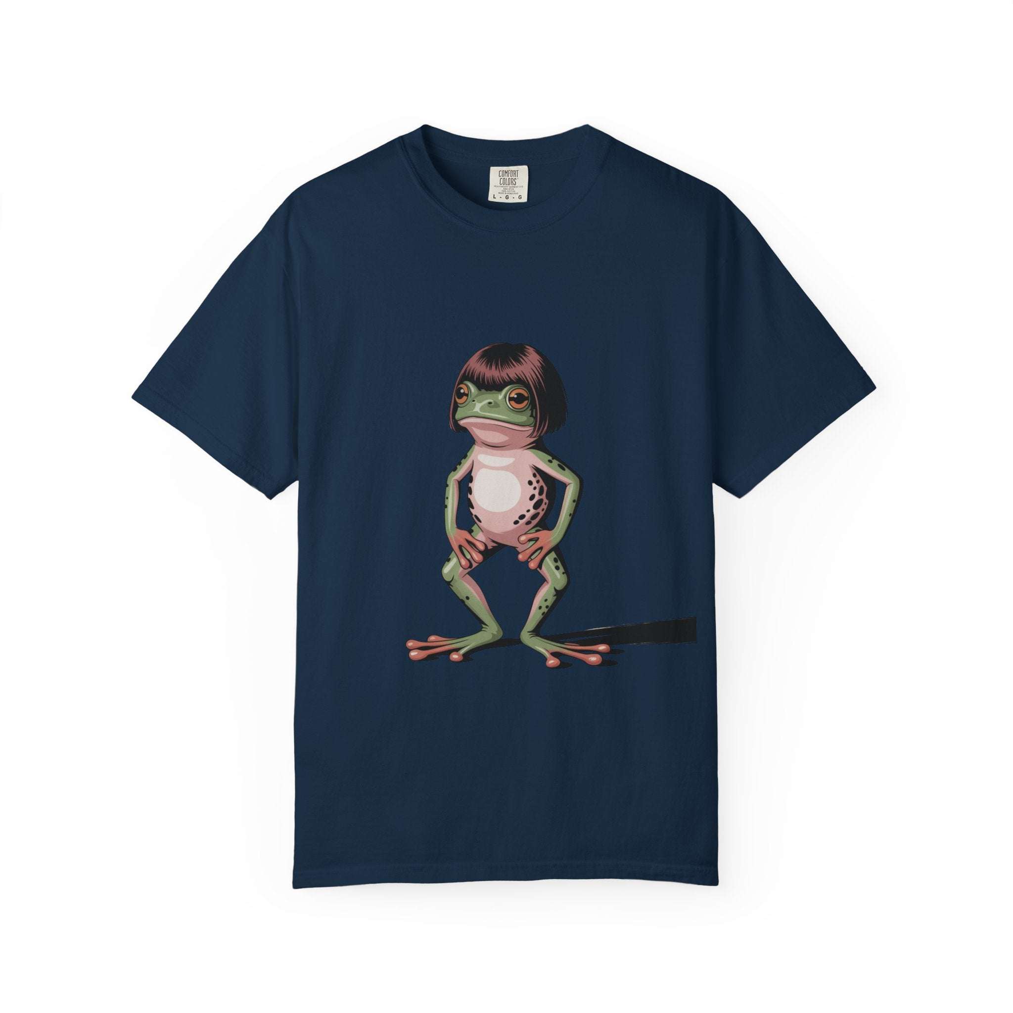 Navy t-shirt with a quirky frog with bob haircut meme illustration on front