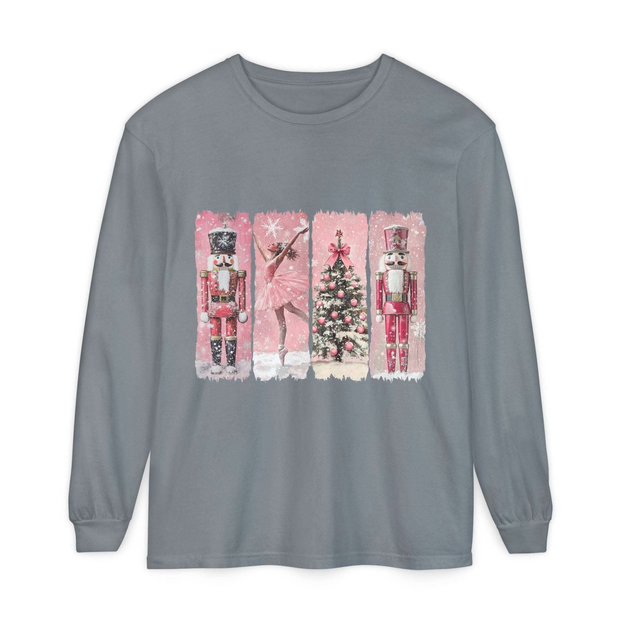 Preppy pink watercolor Nutcracker Christmas long sleeve T-shirt with festive holiday design