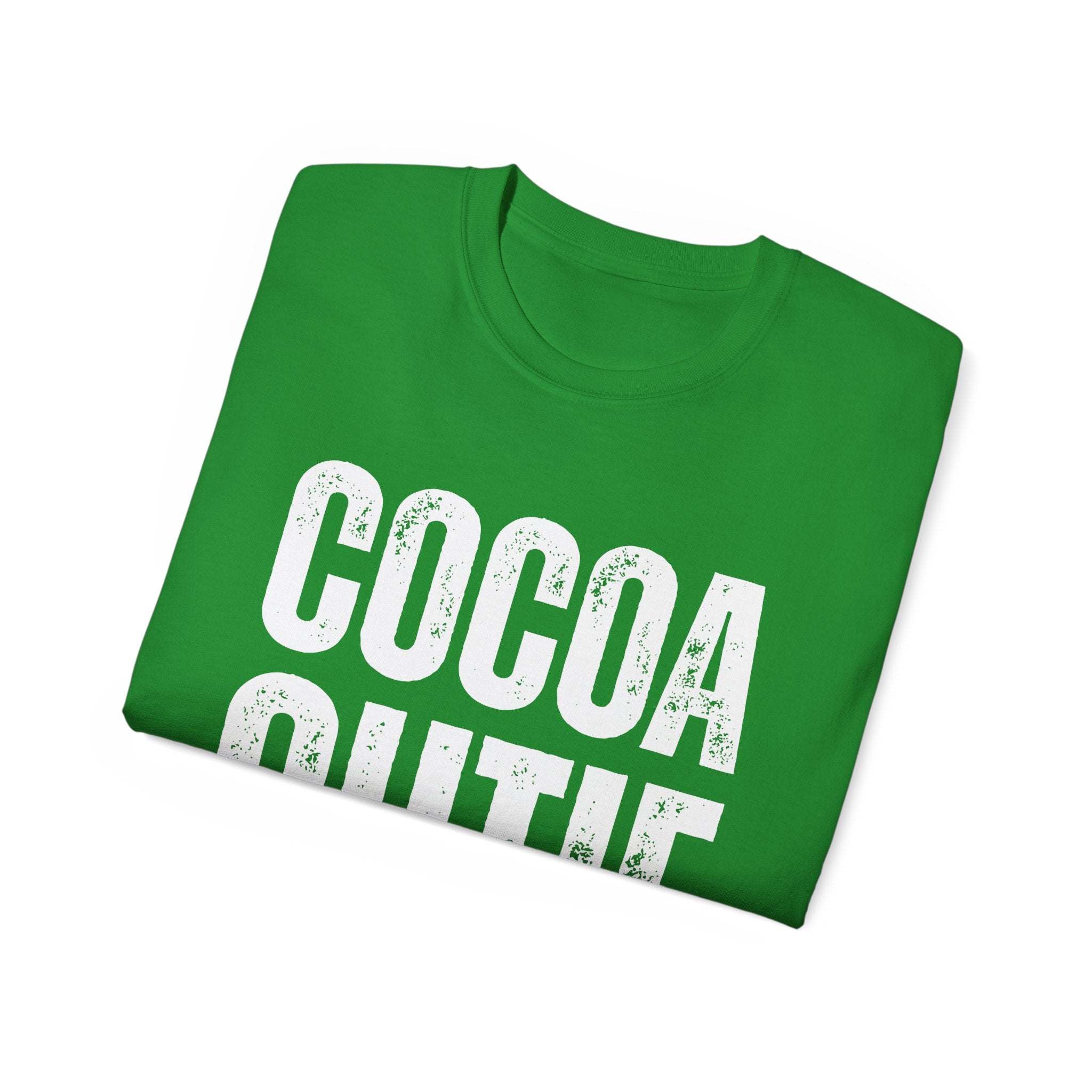 Green Distressed Cocoa Cutie Tee made of eco-friendly cotton with vintage style text design