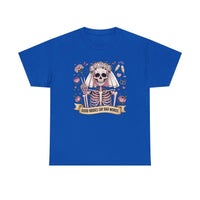 Bride Skull Illustration Tee with skeleton bride, roses, champagne flutes, and "Good brides say bad words" banner on white cotton shirt