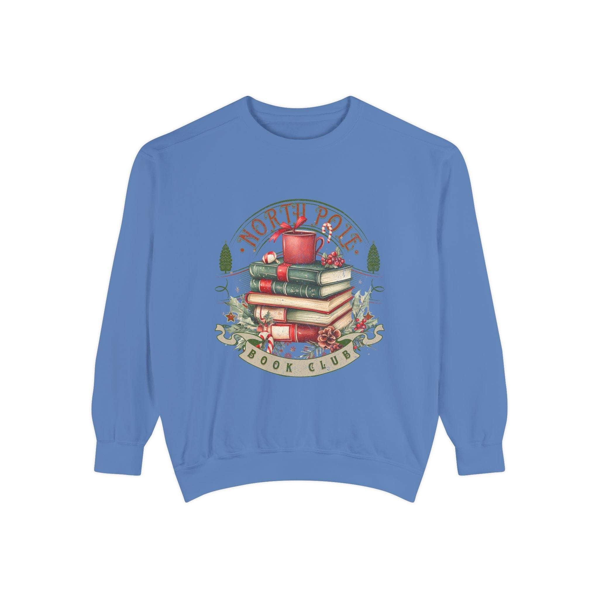 Vintage North Pole Book Club cozy blue sweatshirt with stacked books and holiday design