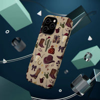 Cowboy Christmas design phone case for iPhone 17 in glossy finish by Printify, featuring festive colors and patterns.