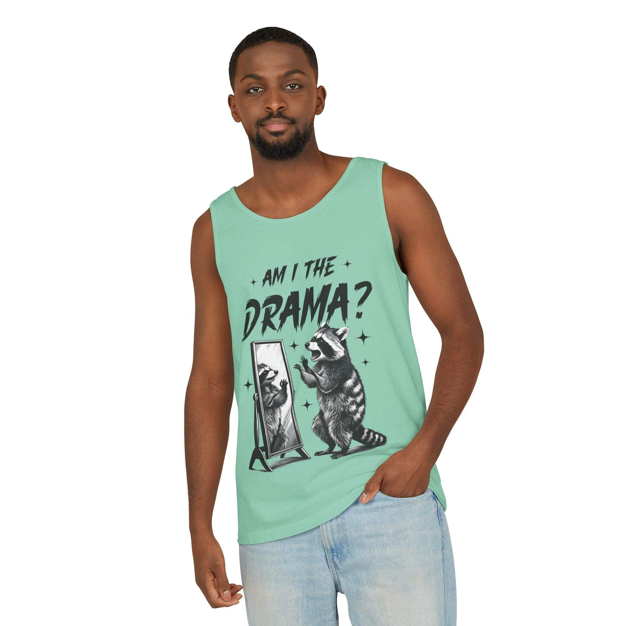 Men's casual tank top with "Am I The Drama?" raccoon graphic design, perfect for summer and festivals.
