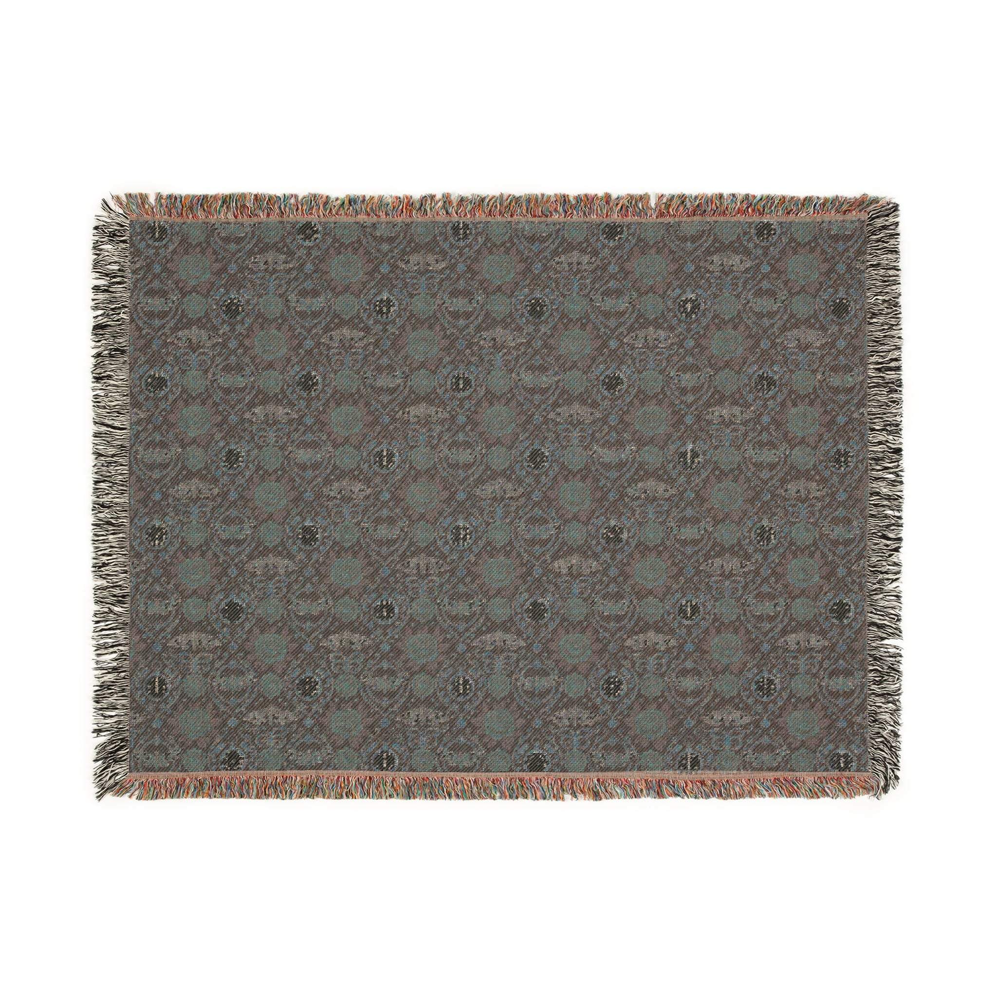 Victorian Gothmas Woven Blanket with candlelight-inspired dark and crimson hues and colorful fringed edges