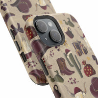 Cowboy Christmas design phone case for iPhone 17 in glossy finish by Printify, featuring festive colors and patterns.