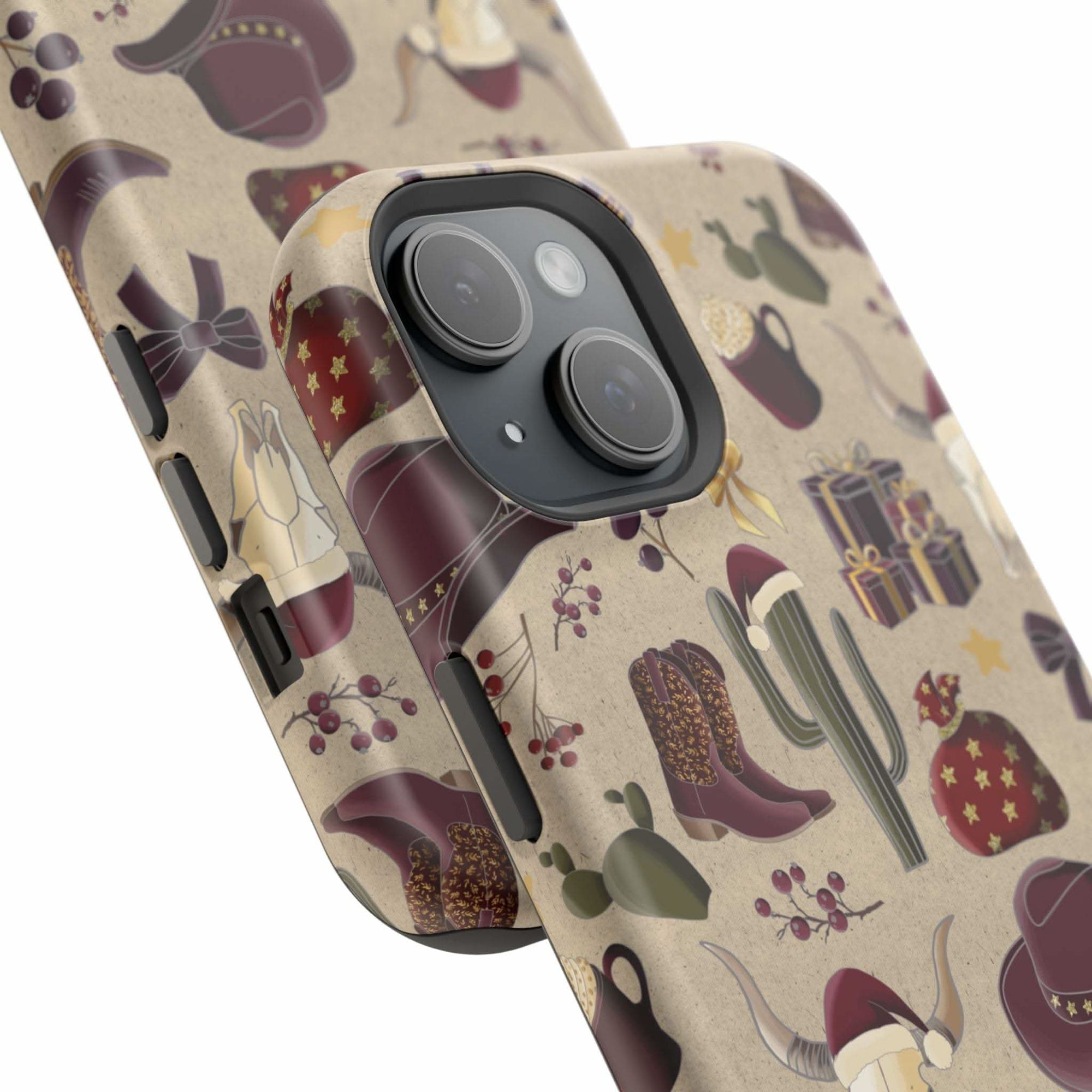 Cowboy Christmas design phone case for iPhone 17 in glossy finish by Printify, featuring festive colors and patterns.