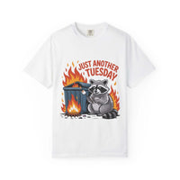 True Navy Raccoon Dumpster Fire t-shirt with 'Just Another Tuesday' graphic, casual style by Printify