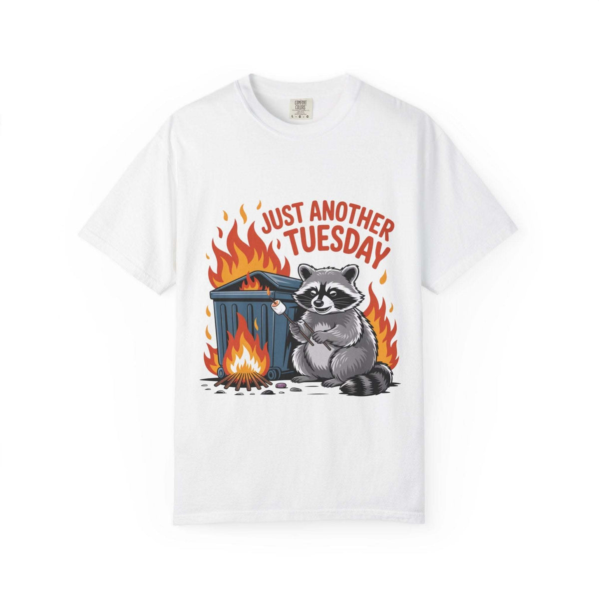 True Navy Raccoon Dumpster Fire t-shirt with 'Just Another Tuesday' graphic, casual style by Printify