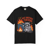 Black t-shirt with a raccoon graphic and 'Just Another Tuesday' text on a white background