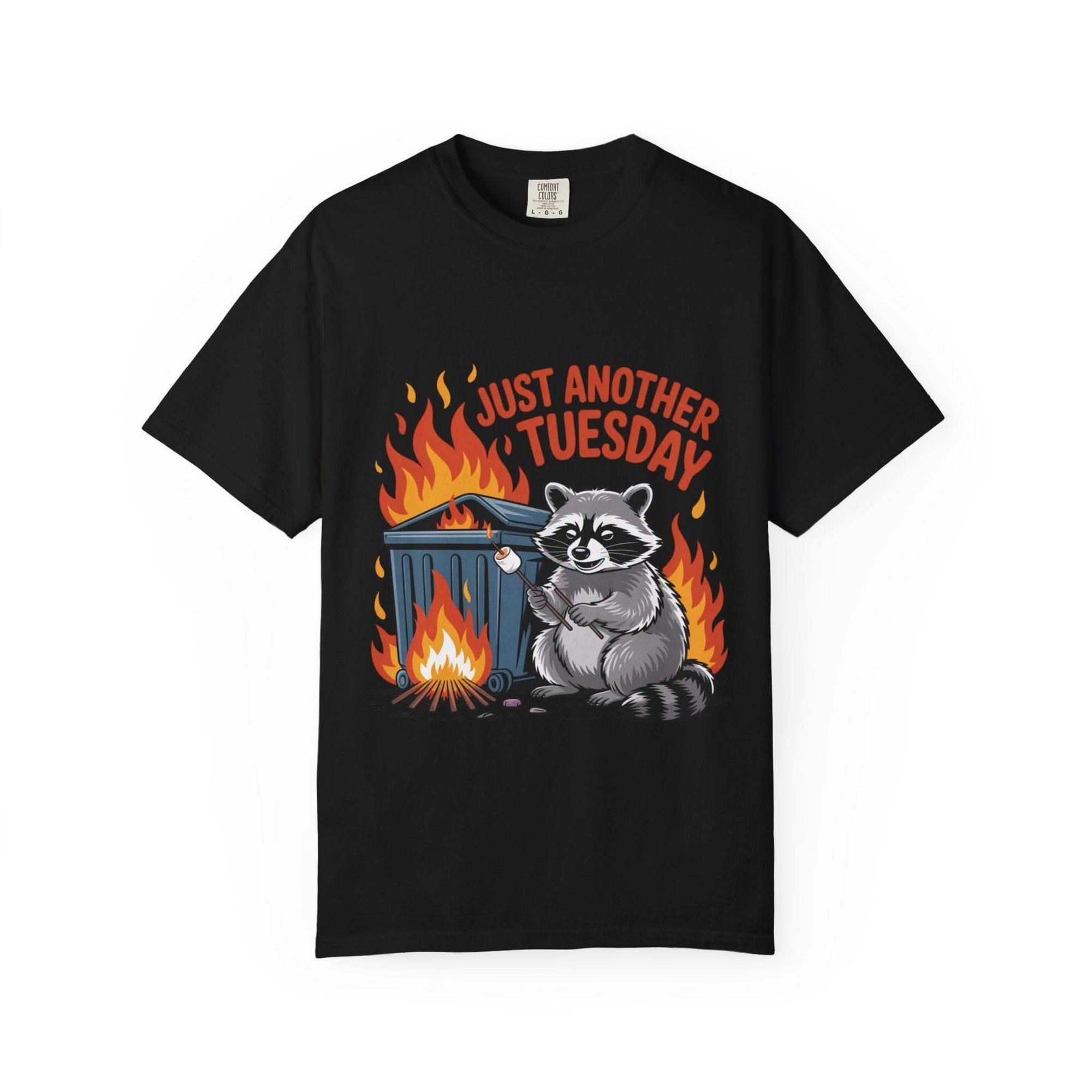 Black t-shirt with a raccoon graphic and 'Just Another Tuesday' text on a white background