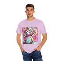 White unisex t-shirt featuring colorful disco ball snowman design, perfect for Christmas and dance parties by Printify