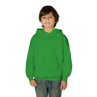Child wearing green Patchwork Wild Word Hoodie with kangaroo pocket and youth fit