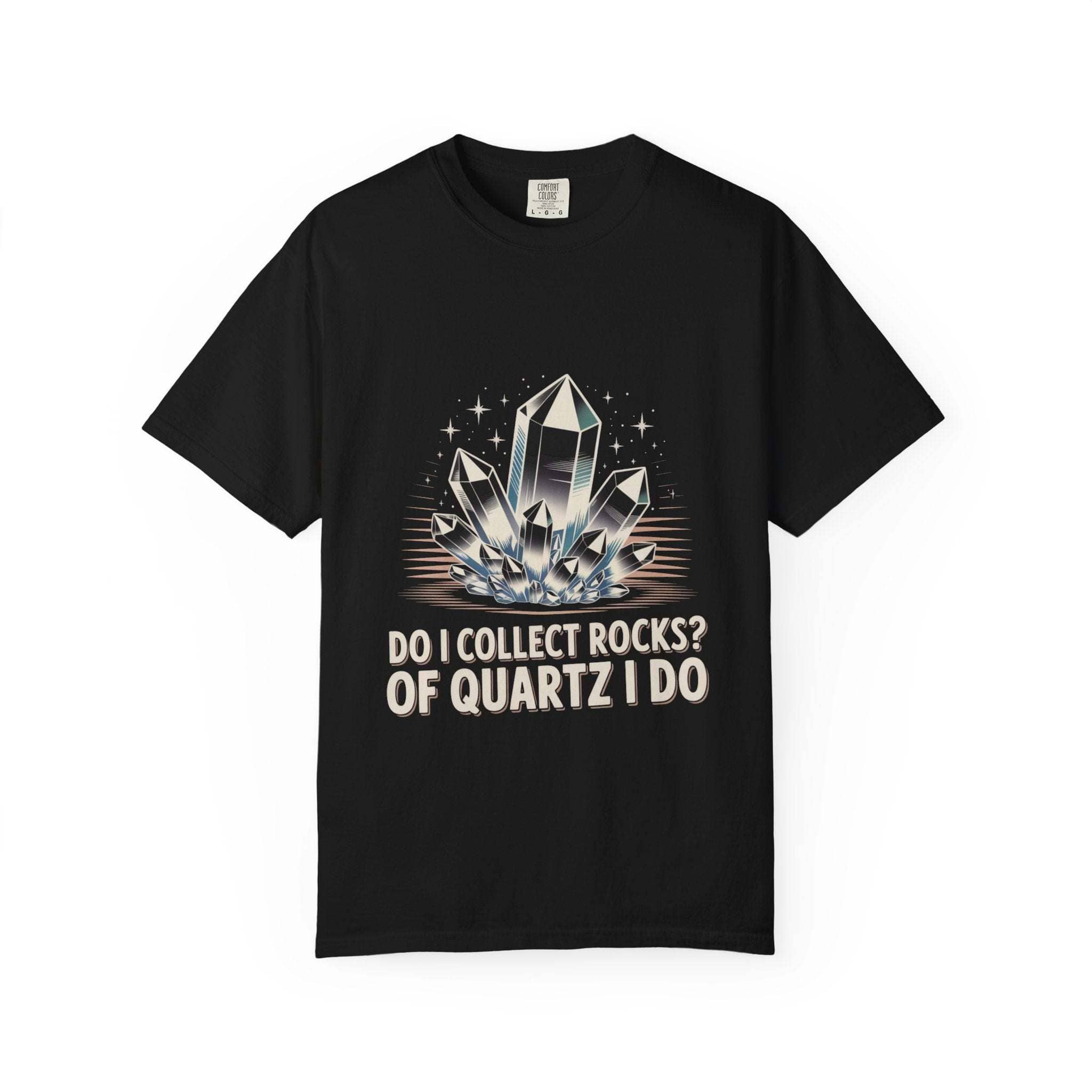 Black t-shirt with quartz crystal graphic and text on a white background