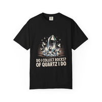 Black t-shirt with quartz crystal graphic and text on a white background