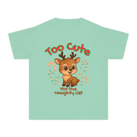 Black youth tee featuring 'Too Cute for the Naughty List' Christmas design by Printify