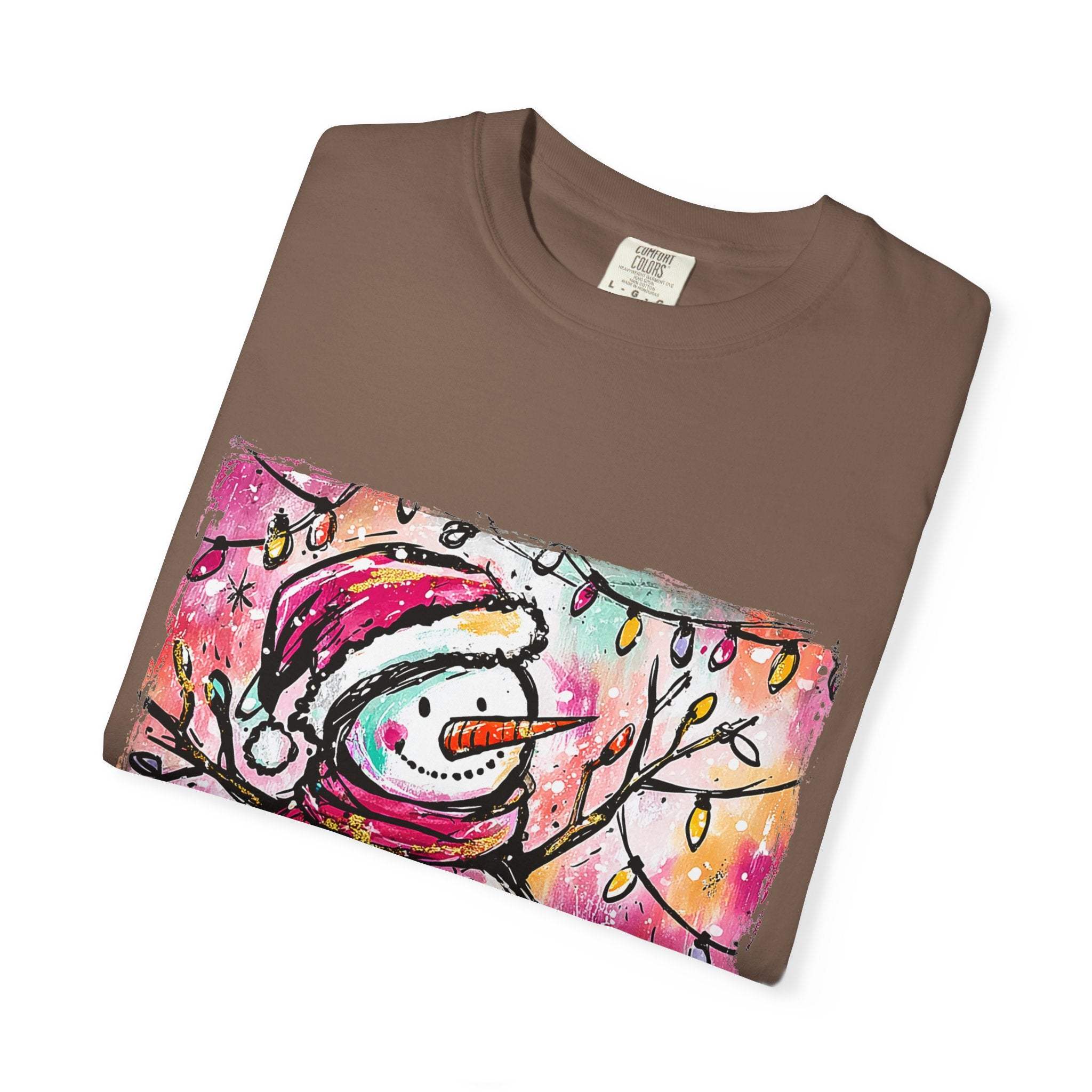 White unisex t-shirt featuring colorful disco ball snowman design, perfect for Christmas and dance parties by Printify