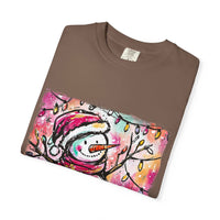 White unisex t-shirt featuring colorful disco ball snowman design, perfect for Christmas and dance parties by Printify