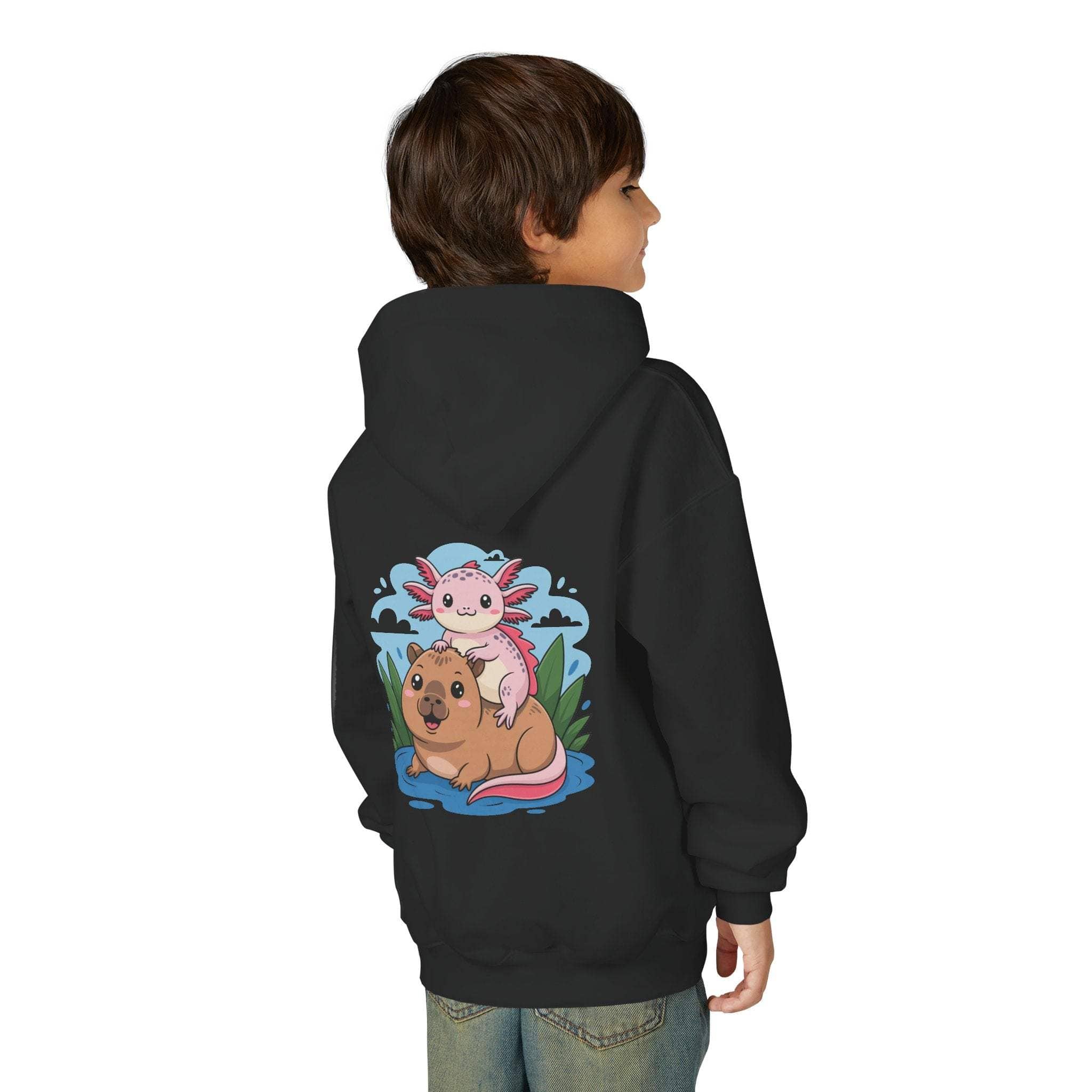 Youth hoodie featuring playful axolotl and capybara design on soft cotton-poly blend sweatshirt
