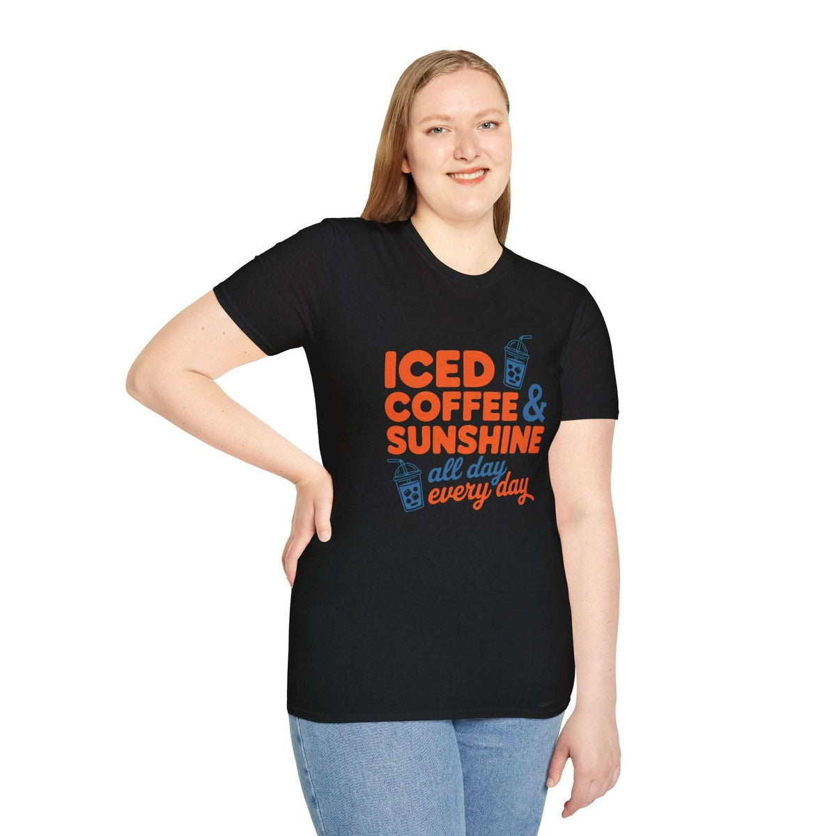 Bright summer T-shirt with Iced Coffee & Sunshine print and iced cup illustrations