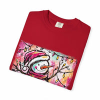 White unisex t-shirt featuring colorful disco ball snowman design, perfect for Christmas and dance parties by Printify