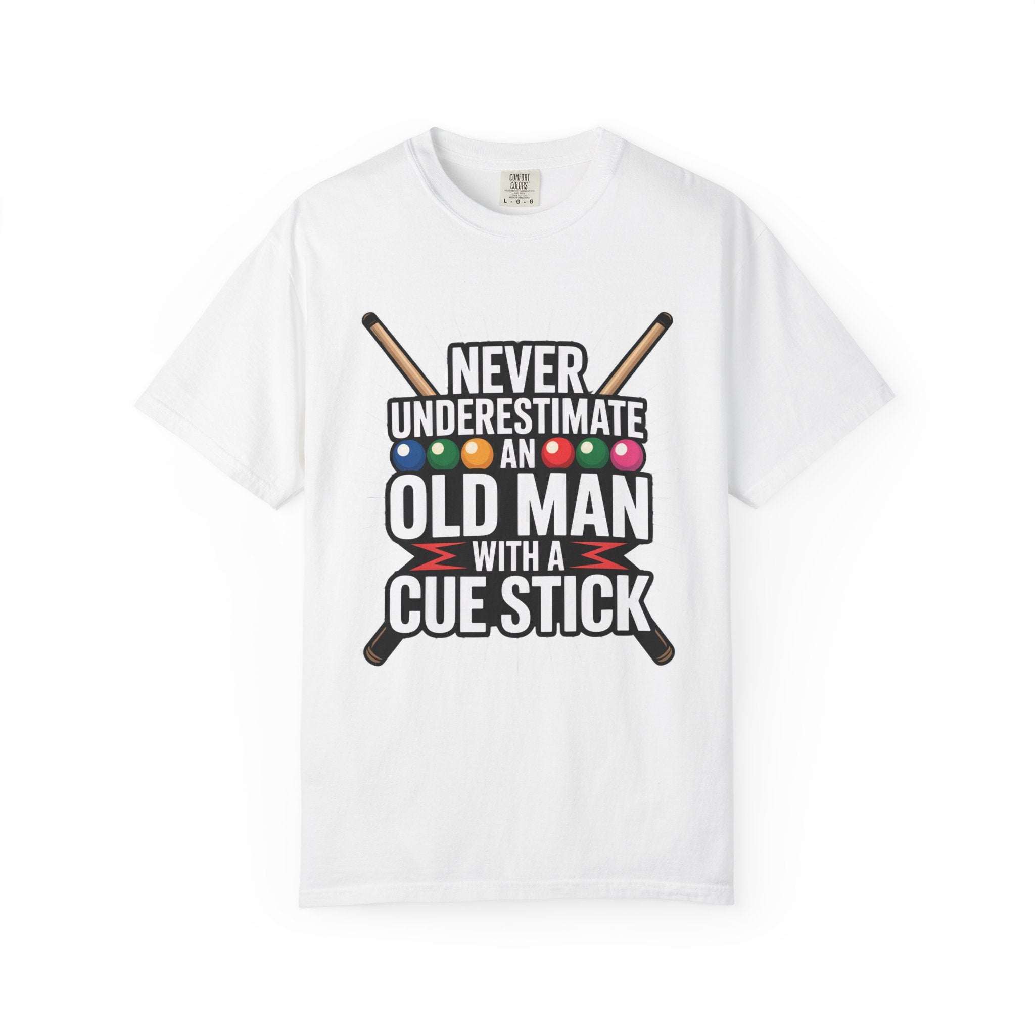 True Navy cotton T-shirt featuring 'Never Underestimate An Old Man With A Pool Cue' graphic by Printify