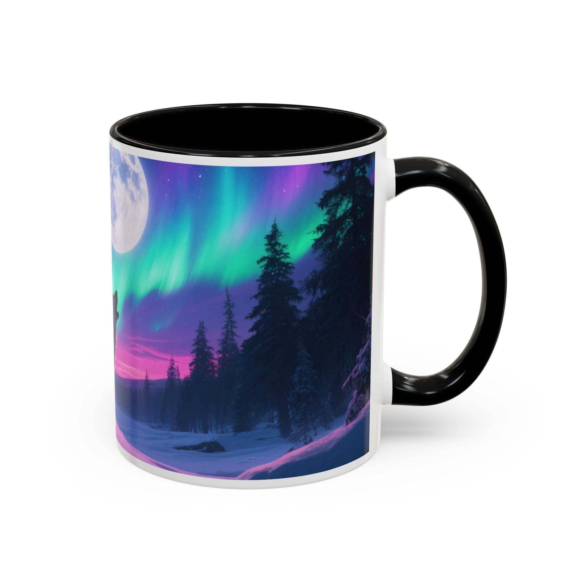 Mug with a design of the Northern Lights over a forest on a white background