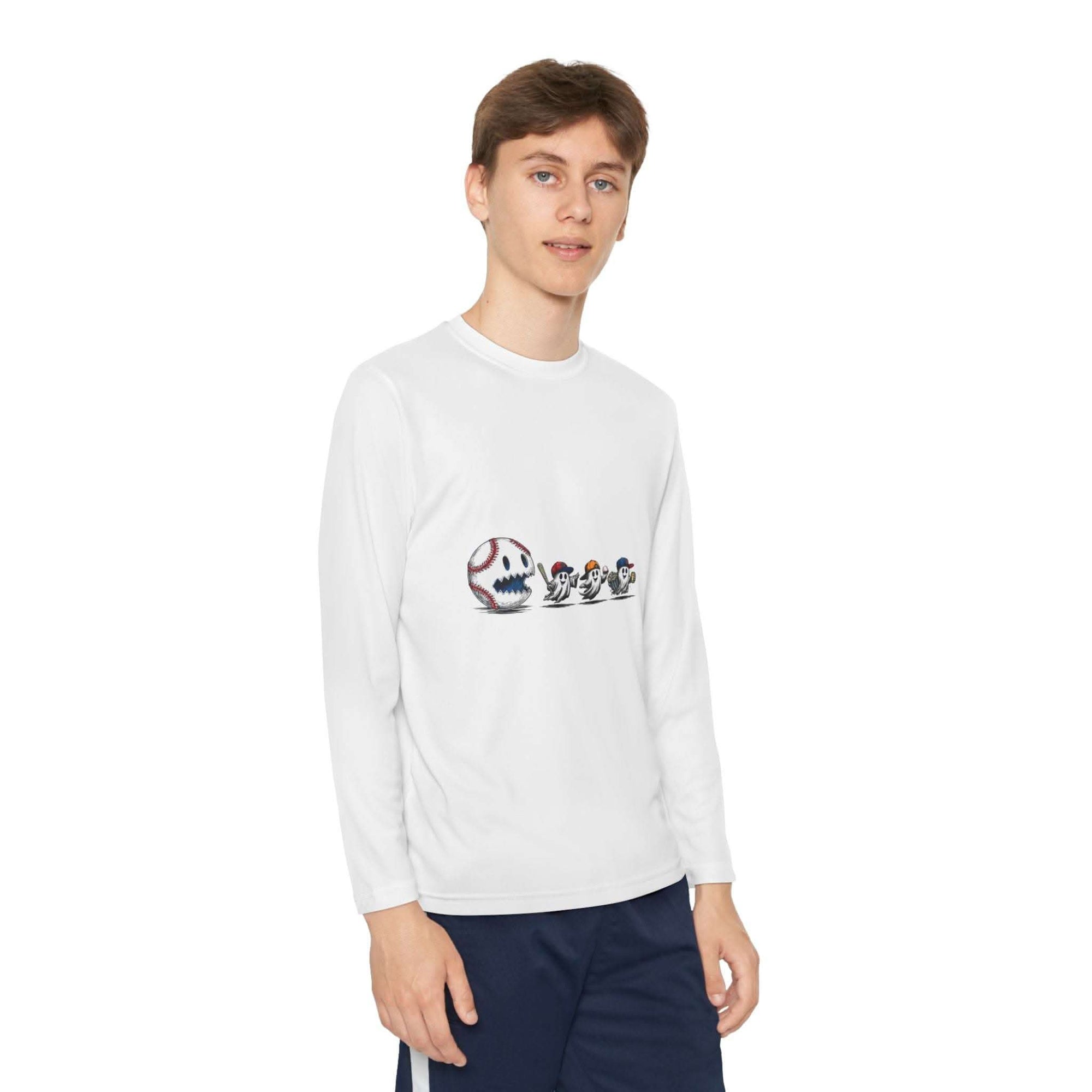 Youth Tee with fun Halloween ghosts and baseball design on long sleeve shirt