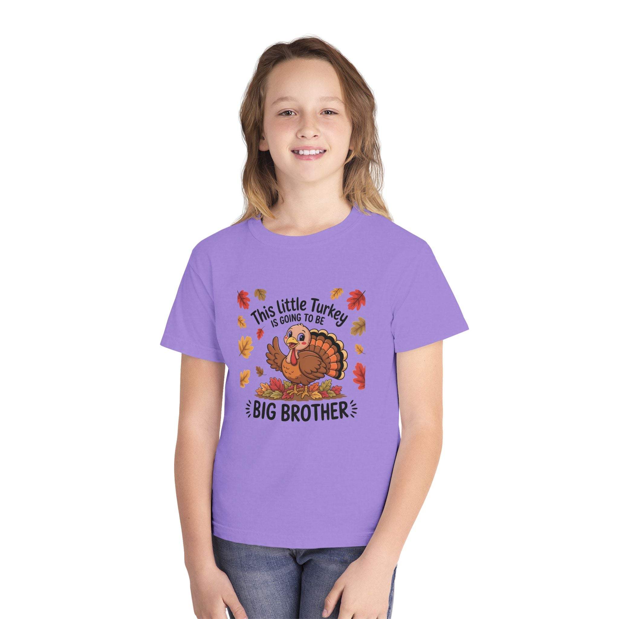 Youth tee big brother Thanksgiving announcement shirt with turkey design and fall leaves on purple cotton fabric