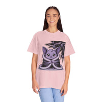 Person wearing a pink t-shirt with a cartoon character design on a white background