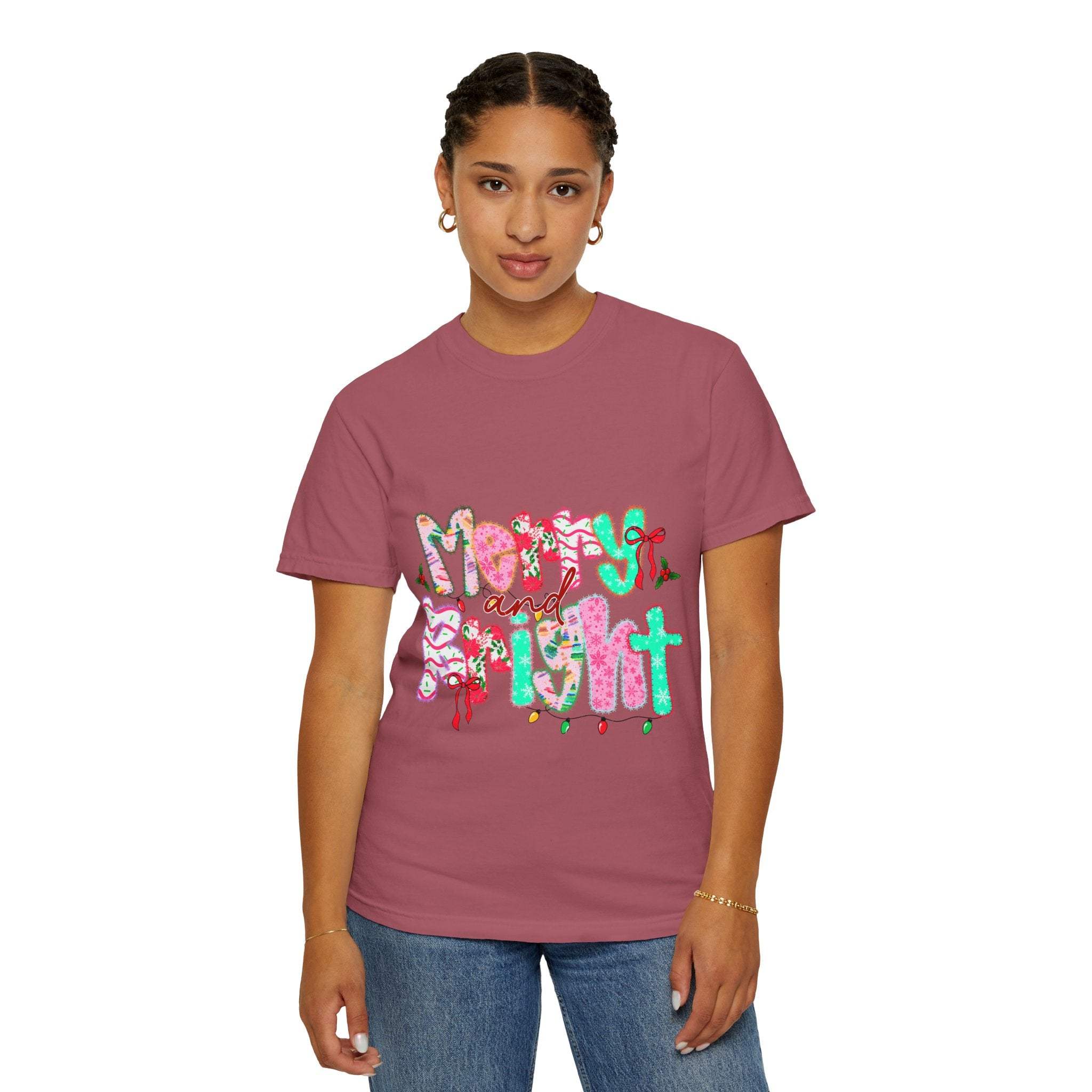 Woman wearing Merry and Bright T-shirt with festive holiday design in relaxed fit