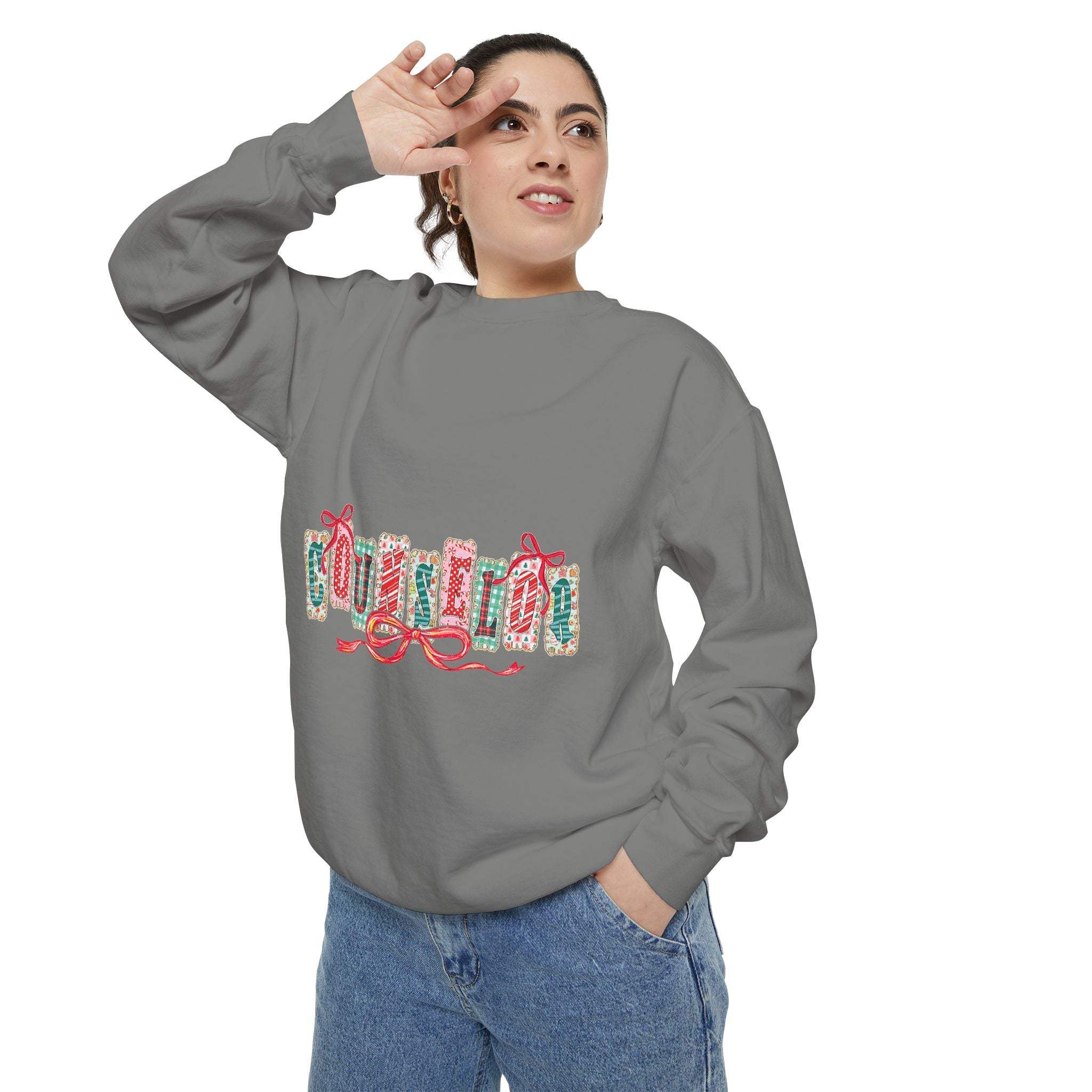 Garment-dyed True Navy sweatshirt with festive Christmas design, perfect for holiday gifting, by Printify