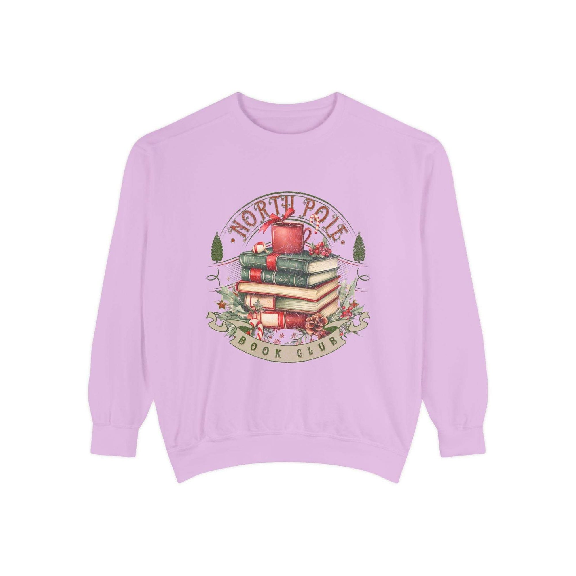 Vintage North Pole Book Club cozy holiday sweatshirt with book and mug design, soft cotton blend, relaxed fit